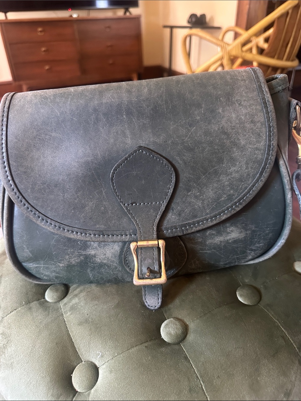 JW Hulme Distressed Black Leather Crossbody Bag with Buckle Accent